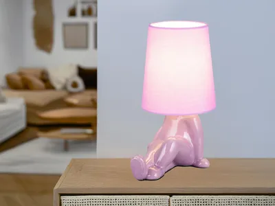 Produktbild von Ausgefallene LED Tischlampe Keramik Lila mit Stoffschirm, kleine Nachttischlampe