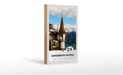 Produktbild von Holzschild Reise 12x18cm Confoederatio Helvetica Wasserturm Schild