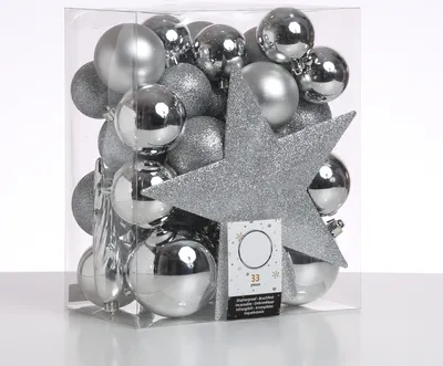 Christbaumkugel - Weihnachtsbaumkugel - bruchfest - glänzend, matt und glitzernd - silber - 33er Set