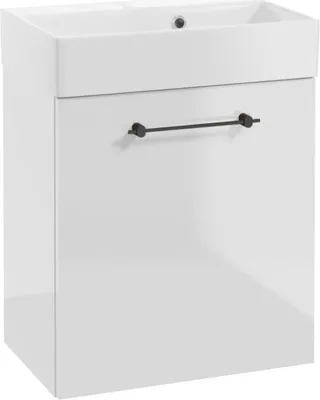 Obrázek produktu pro DomoDomo koupelnová skříňka s umyvadlem 60x50cm bílá lesklá černá rukojeť