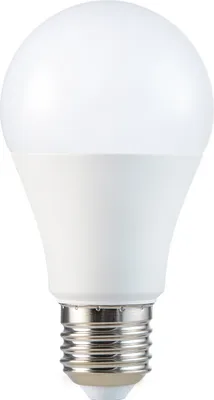 A studio shot of a white LED light bulb with a silver screw base.