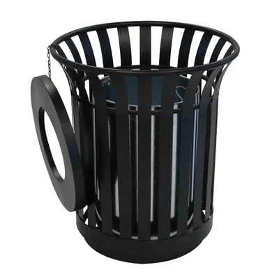 A black outdoor trash can with a lid attached by a chain.