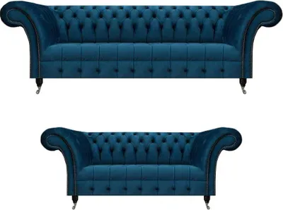 Produktbild von Blaue Chesterfield Textilgarnitur 3-Sitzer Sofa Zweisitzer