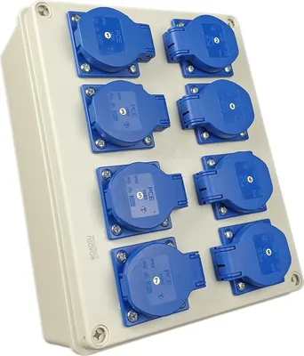 Immagine prodotto di Distributore di corrente RoadEu 16A - distributore a parete 8x prese Schuko 230V 16A - distributore di corrente da cantiere 16A - presa a muro per uso interno ed esterno