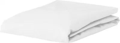 A white fitted sheet is folded and lying on a white surface.