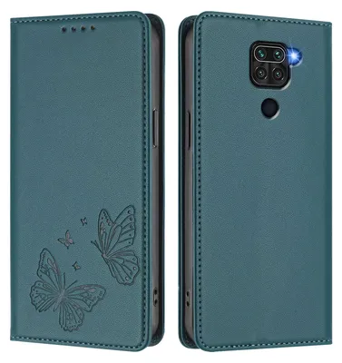 Produktbild von Lederhülle für Xiaomi Redmi Note 9 4G, Schmetterling Prägung Leder Brieftasche Schutzhülle mit Ständer Grün