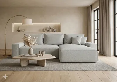 Image de Canapé d’angle CALIFORNIA droit gris bouclé Quelle 83 - fonction couchage, coffre de rangement pour la literie