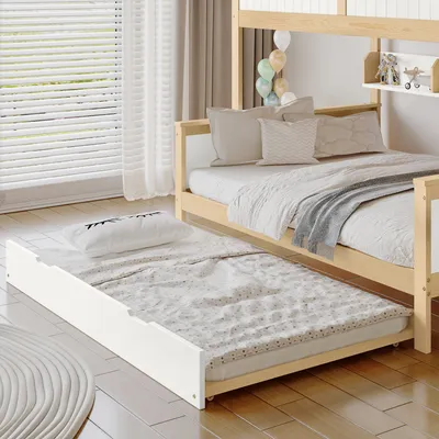 Obrázek produktu pro okwish Patrová postel 90/120x200 cm s ochranou proti pádu a zábradlím, s rolovací postelí 90x190 cm, se skříní, rohovým schodem, Borovice + MDF, Bílá + Přírodní (bez matrace)