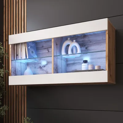 Produktbild von Komodee, Hängende Vitrine Schrank Tivoli, Weiß/Wotan, Breite 100cm x Höhe 50cm x Tiefe 29cm, LED Blau, 2 Regalböden, für Wohnzimmer, Schlafzimmer, Eingang