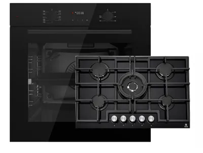 Produktbild von Böhme Einbaubackofen Schwarz Glas mit Heißluft, Timer, 1-fach Teleskopauszug HB60F78PPB + Gasline GAG75GLG Gaskochfeld 75cm Schwarz Glaskeramik