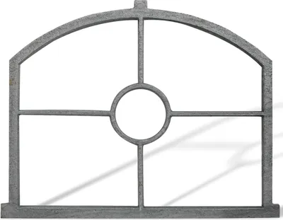 A gray metal window grate with an arched top and a circular design in the center, shown against a white background with a shadow.