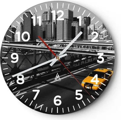 Produktbild von Wanduhr - Rund - Glasuhr - New York Manhattan Brooklyn Brücke Taxi - 30x30cm - Schleichendes Uhrwerk - Lautlos - zum Aufhängen bereit - Dekoration Modern - Wanddekoration aus Glas - C4AR30x30-0417