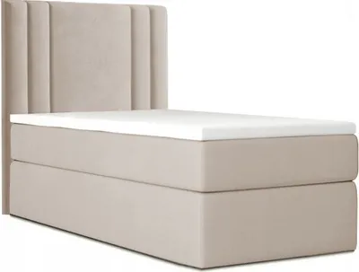 A single bed with a headboard and mattress on a white background.