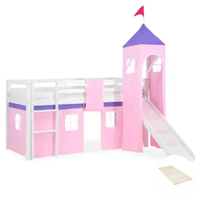 Produktbild von Homestyle4u Hochbett 90x200 mit Rutsche Turm Lattenrost Vorhang Rosa Mädchen Kinderbett Weiß Holz Kiefer Massiv Jugendbett Spielbett