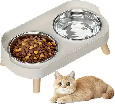 Produktbild von PolkaHome® Erhöhter Katzennapf-Set aus Edelstahl, 2er-Set mit Ständer und Spritzschutz, rutschfeste Futterschale für Katzen und kleine