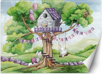 Produktbild von Vlies fototapete Weiße Kaninchen Baumhaus 150x105 cm Feeby Blau inkl. Kleber einfache Montage