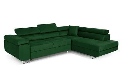 A green sectional sofa with a chaise lounge is shown against a white background.