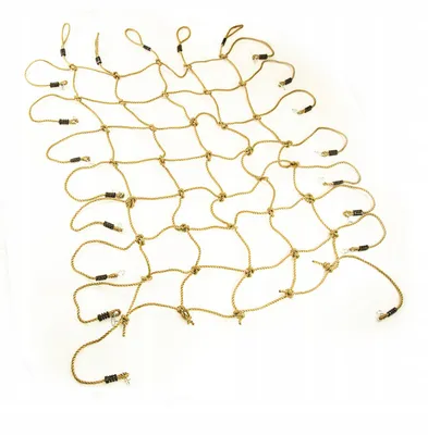A tan climbing net with black connectors against a white background.