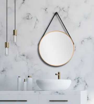Obrázok produktu pre Nástenné zrkadlo okrúhle Talos Gold Style Matt Ø 50 cm - kúpe??ové zrkadlo so závesným popruhom v koženom vzh?ade - vysokokvalitný hliníkový rám v zlatej farbe - kúpe??ové zrkadlo