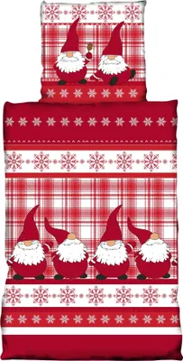 Produktbild von 4 teilig Winter Bettwäsche 135x200 cm Kariert Wichtel rot weiß Thermofleece