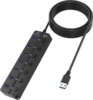 Obrázek produktu pro Rozbočovač USB 3.0 s odděleným napájením, samostatnými tlačítky a LED indikátory, pro PC, notebooky, Mac, Windows, Linux, kabel o délce 1,2 m