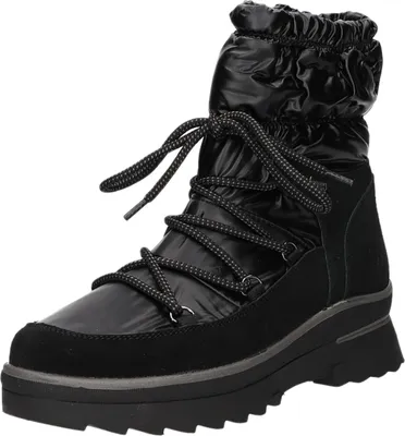 A studio shot of a black winter boot.