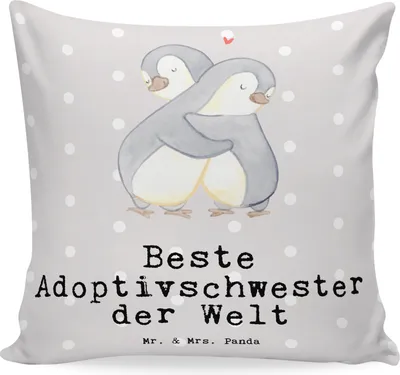 Produktbild von Mr. & Mrs. Panda kissen für couch Pinguin Beste Adoptivschwester der Welt - Grau Pastell - Geschenk, Couchkissen, 40x40, Tochter, Polster, Familie, Geschenkidee, Kuschel