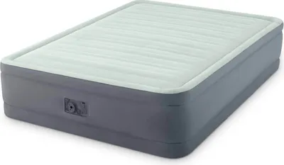 An inflatable air mattress with an integrated pump.