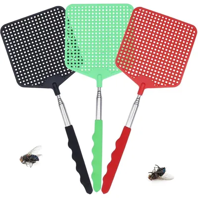 Image de Chasse-mouches télescopique, lot de 3, surface de frappe de 12 x 10,5 cm, extensible jusqu'à 78 cm, couleurs : noir, vert, rouge