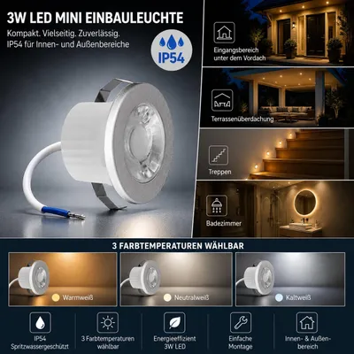 Produktbild von 3 Watt Mini LED Einbauleuchte Einbaustrahler Einbauspot Spot 3000K Warmweiß 240 Lumen 230V Anschluss Schutzart IP54 Silber