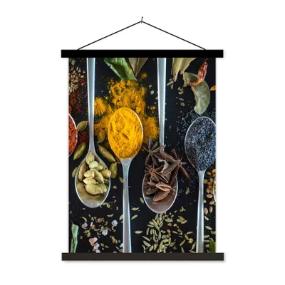 Produktbild von MuchoWow® Textilposter Kräuter - Löffel - Gewürze - Schwarz - Küche 90x120 cm mit schwarzem Rahmen - Dekoration
