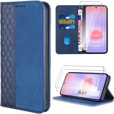 Image de Coque + 2 Verres Trempés pour Samsung Galaxy A37 5G, Antichoc Synthécuir Bleu Marine Motif Mosaïque