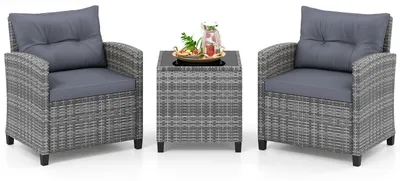 Produktbild von COSTWAY Gartenmöbel Set Polyrattan, 3-tlg. Balkonmöbel inkl. 2 Sessel, Kissen & Tisch mit gehärteter Glasplatte, Wetterfeste Sitzgruppe 2 Personen