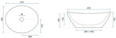 Technical drawings of a sink with dimensions.
