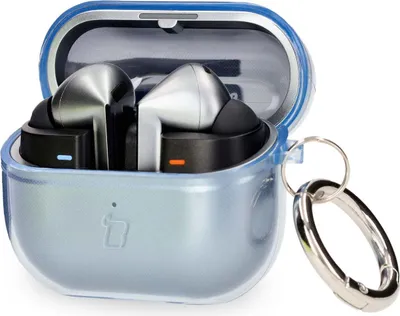 A pair of wireless earbuds in a transparent blue charging case with a carabiner attached.