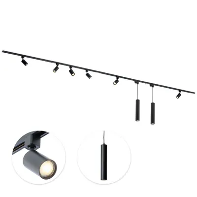 Produktbild von Qub Focus III - LED Schienensystem - Schwarz - 1-Phasen - 400cm - 6x Spots & 2x Pendelleuchten - I-Form - GU10
