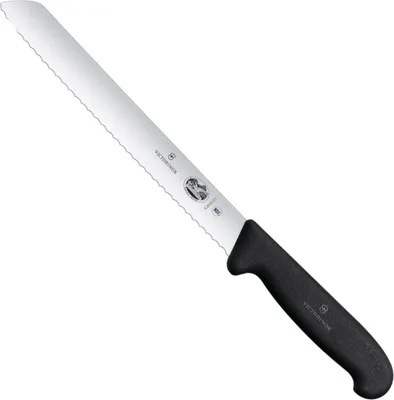 A bread knife with a serrated blade and a black handle, presented against a white background.