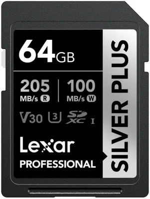 Imagen del producto de Lexar Professional SILVER PLUS, 64 GB, SDXC, Clase 3, UHS-I, 205 MB/s, 100 MB/s
