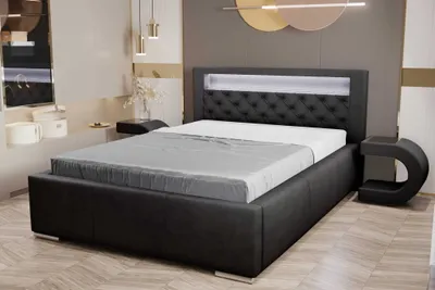 Zdjęcie produktu dla Łóżko tapicerowane AGMAT TUNIS z wezgłowiem, 140 x 200 cm, łóżko podwójne z podstawą łóżka i metalową ramą z listew, tkanina welurowa: czarna