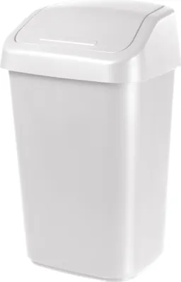 A white trash can with a flip lid.