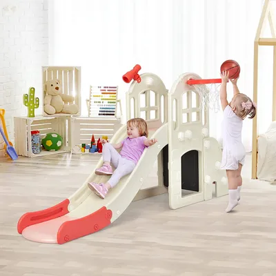 Produktbild von 6 in 1 Kinder Rutsche mit Basketballkorb & Klettern & Ringwurf & Tunnel & Teleskop, Kinderrutsche, Kinder Spielplatz für Jungen & Mädchen 3-8 Jahren (Rosa)