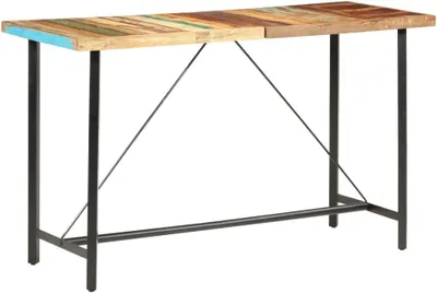 Produktbild von 9-teilige Bargruppe aus recyceltem Massivholz und Echtleder mit Stehtisch aus Altholz sowie Barhockern mit Echtlederpolster im industriellen Stil