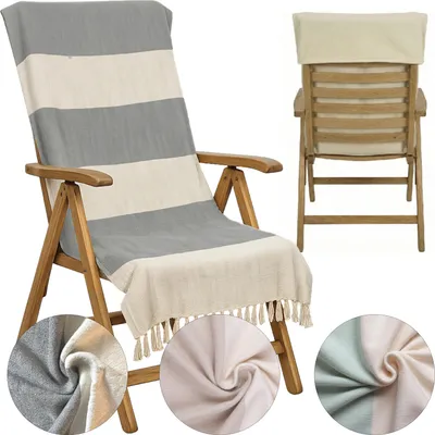 Produktbild von CalmyBEACH Schonbezug Gartenstuhl Hochlehner 130x60cm - 100% Baumwolle mit Kapuze Schonbezüge für Gartenstühle Handtuch Umschlag Bezug Campingstuhl Grau/Natur