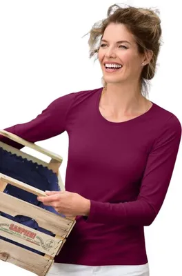 Produktbild von Langärmeliges Baumwoll-T-Shirt für Damen, 95% Baumwolle, 5% Elasthan, ohne Aufdruck, einfarbig, 180g/m2, Farbe fuchsie, Größe M