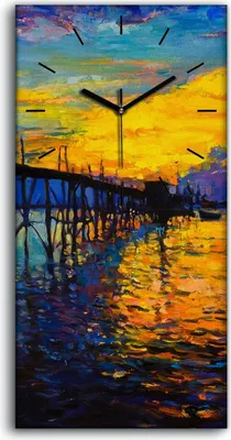 Produktbild von Wandbild Leinwand Bilder mit Uhr 30x60 Gemälde Abstrakte Pier Meer Boot Himmel - schwarze Hände