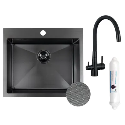 Produktbild von Spülbecken mit einer Kammer, Siphon und Küchenarmatur mit Filtersystem, 1 Becken Spüle schwarz