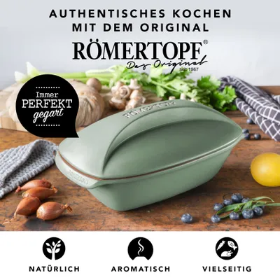 Produktbild von CULINARIO Römertopf Bräter Keramik 3 Liter für 4 Personen, mit Deckel, zum Schmoren, Braten & Dampfgaren, Backofengeeignet, Grün