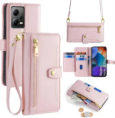 Produktbild von Handykette Xiaomi Hülle mit Band Handyhülle Kartenfächer Kunstleder Umhängetasche Redmi Note 12 5G / Poco X5 5G Rosa