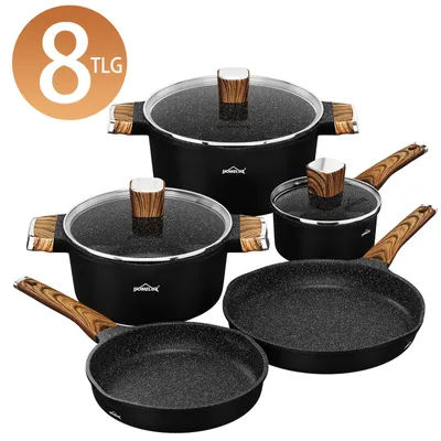 Produktbild von 8-TLG Topfset Induktion mit Antihaftbeschichtung,Pfanne 24/28cm,Milchtopf 16cm,Kochtopf 24/28cm, für alle Herdarten,Holzmaserung