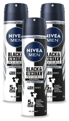 Obrázok produktu pre 3 x Nivea Men Black & White Invisible Original, antiperspirant vo forme spreju, 150 ml - výhodná balenka - 3 kusy